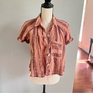 We the Free Burnt Orange +Brown Stripe Button Down TatteredTorn Look Top NWOT